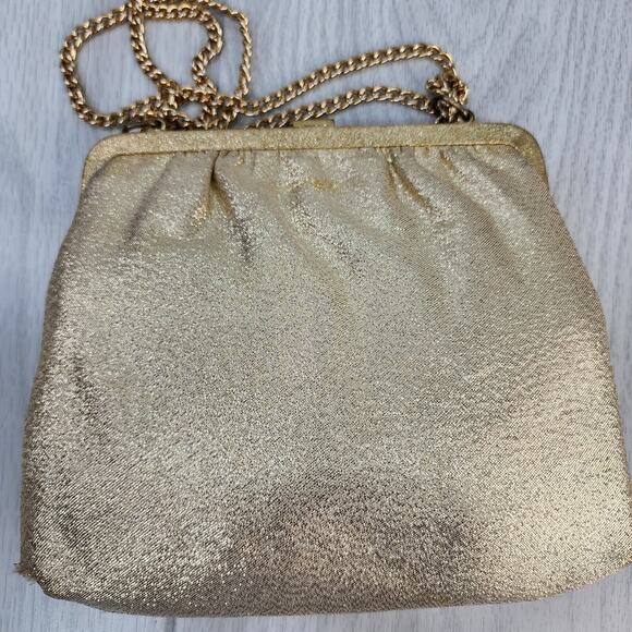 Vintage 60s 70s Gold Lame Evening Clutch Purse 6" Chain Strap Sparkly Holiday - Picture 8 of 16